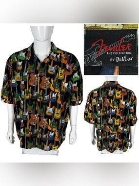 Fender The Collection By Davinci Shirt Mens 2XL Guitar Print Button Vintage EUC